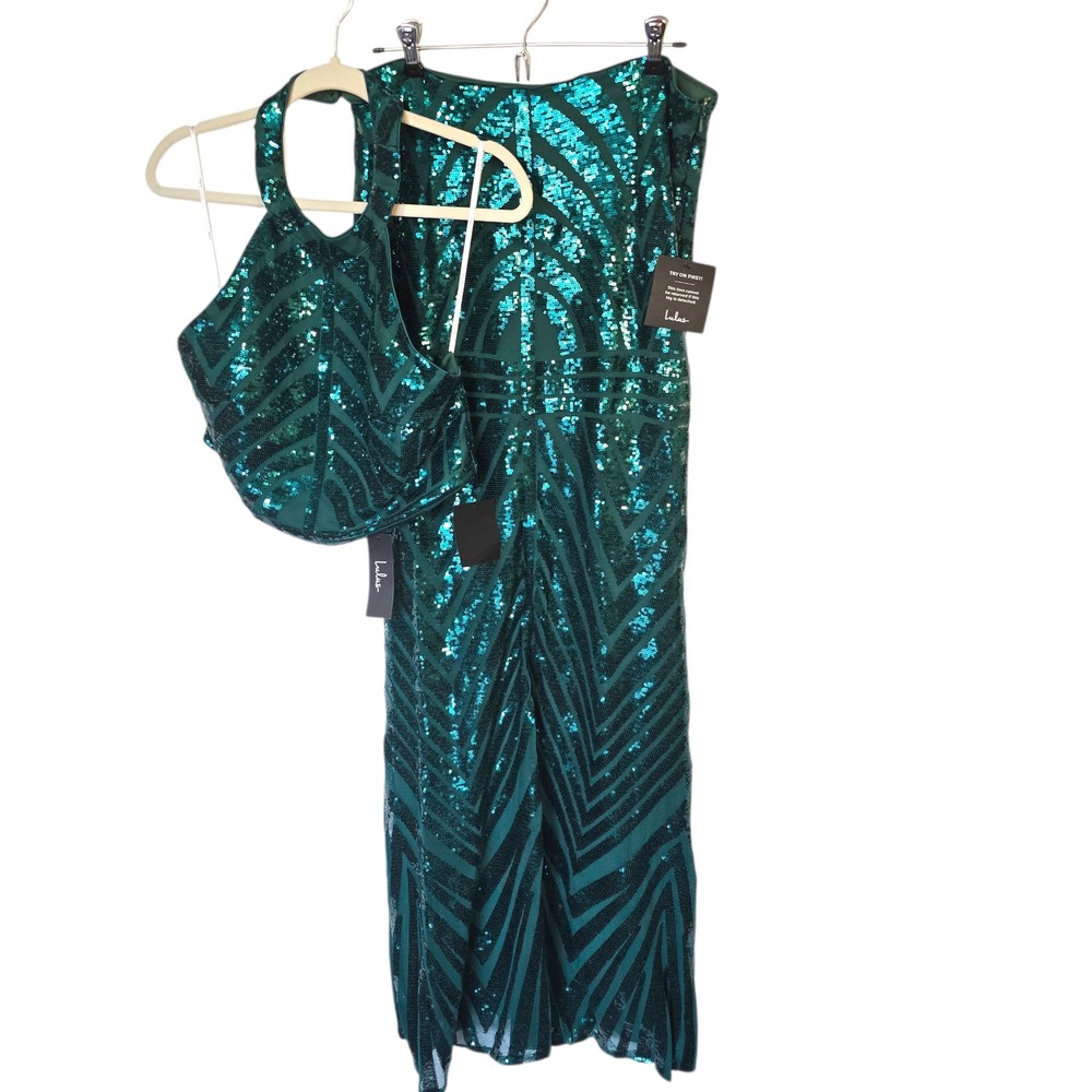 Lulus 2pc set Emerald Green Sequins Gown Womens Sz XL Chevron Pattern Dress‎ NWT